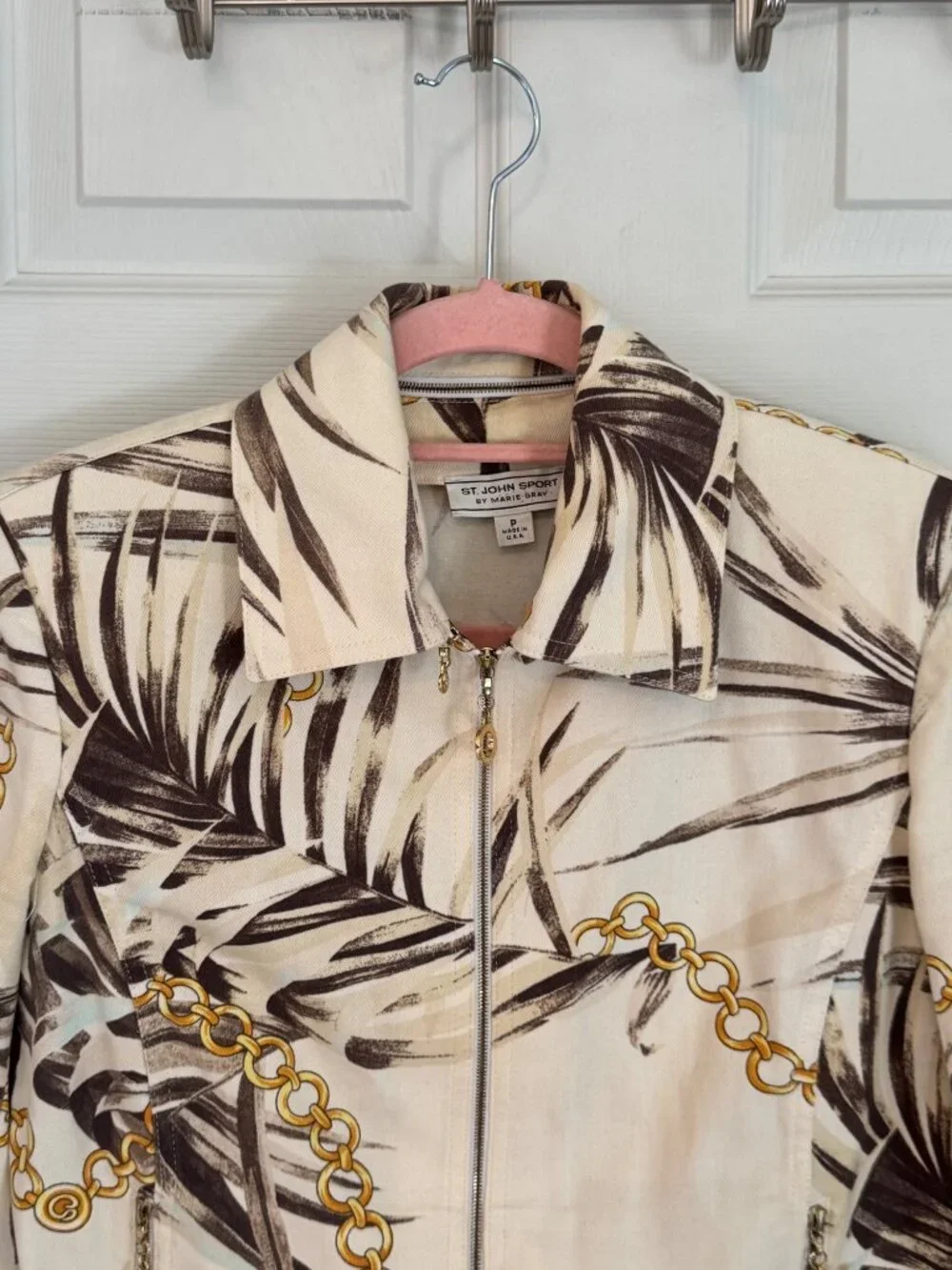 St. John Sport By Marie Gray Palm & Chain Print Jacket Zip-Up Pockets Made In US - Picture 2 of 16